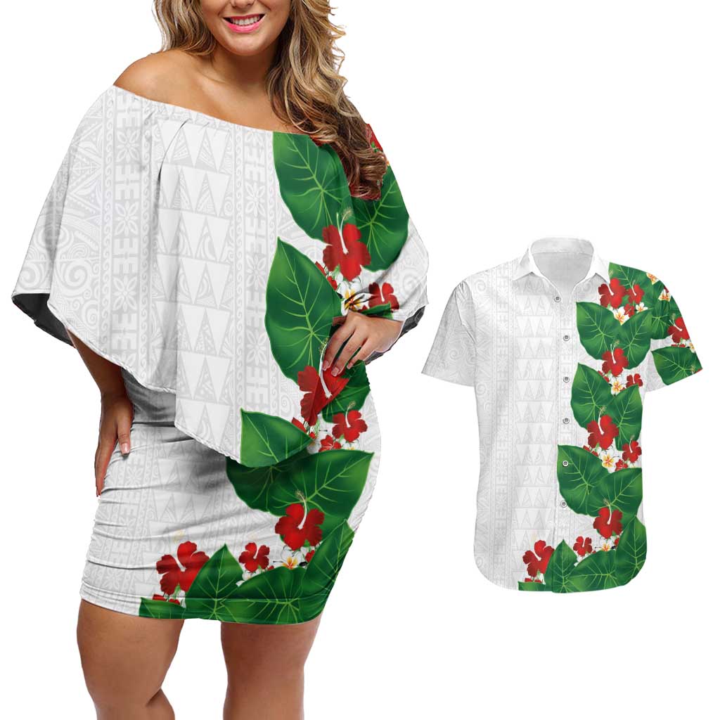Hawaiian Taro Leaves-Hibiscus and Plumeria Couples Matching Off Shoulder Short Dress and Hawaiian Shirt Polynesian Art-Kakau Tattoo White