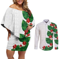 Hawaiian Taro Leaves-Hibiscus and Plumeria Couples Matching Off Shoulder Short Dress and Long Sleeve Button Shirt Polynesian Art-Kakau Tattoo White