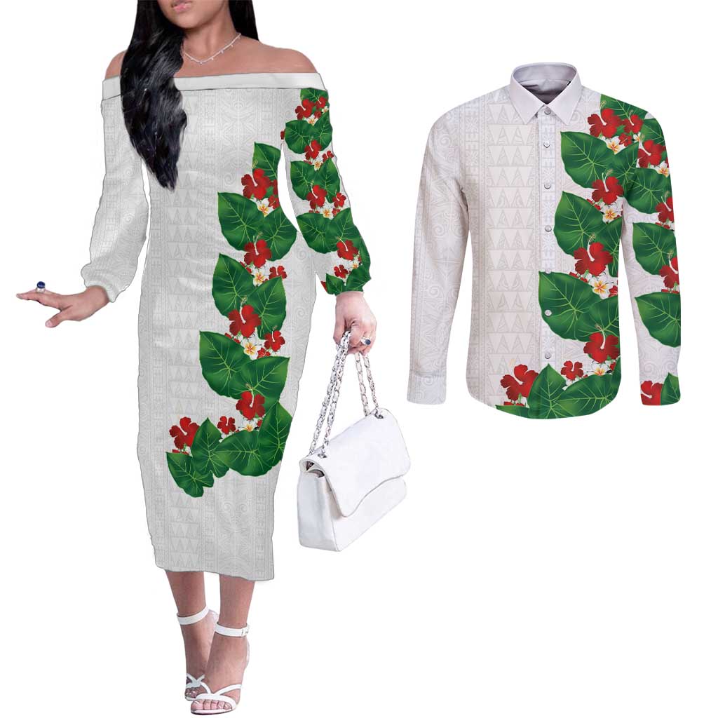 Hawaiian Taro Leaves-Hibiscus and Plumeria Couples Matching Off The Shoulder Long Sleeve Dress and Long Sleeve Button Shirt Polynesian Art-Kakau Tattoo White