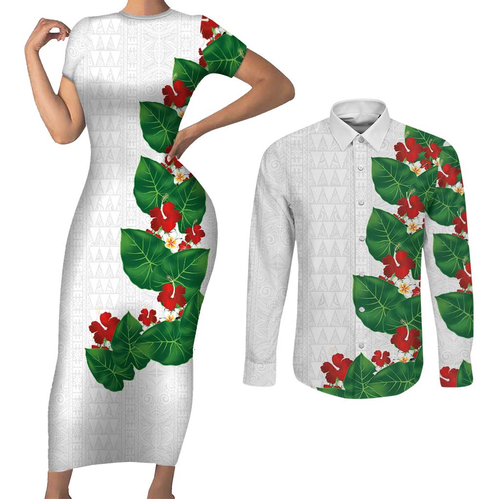 Hawaiian Taro Leaves-Hibiscus and Plumeria Couples Matching Short Sleeve Bodycon Dress and Long Sleeve Button Shirt Polynesian Art-Kakau Tattoo White
