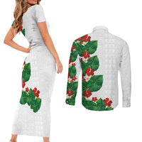 Hawaiian Taro Leaves-Hibiscus and Plumeria Couples Matching Short Sleeve Bodycon Dress and Long Sleeve Button Shirt Polynesian Art-Kakau Tattoo White