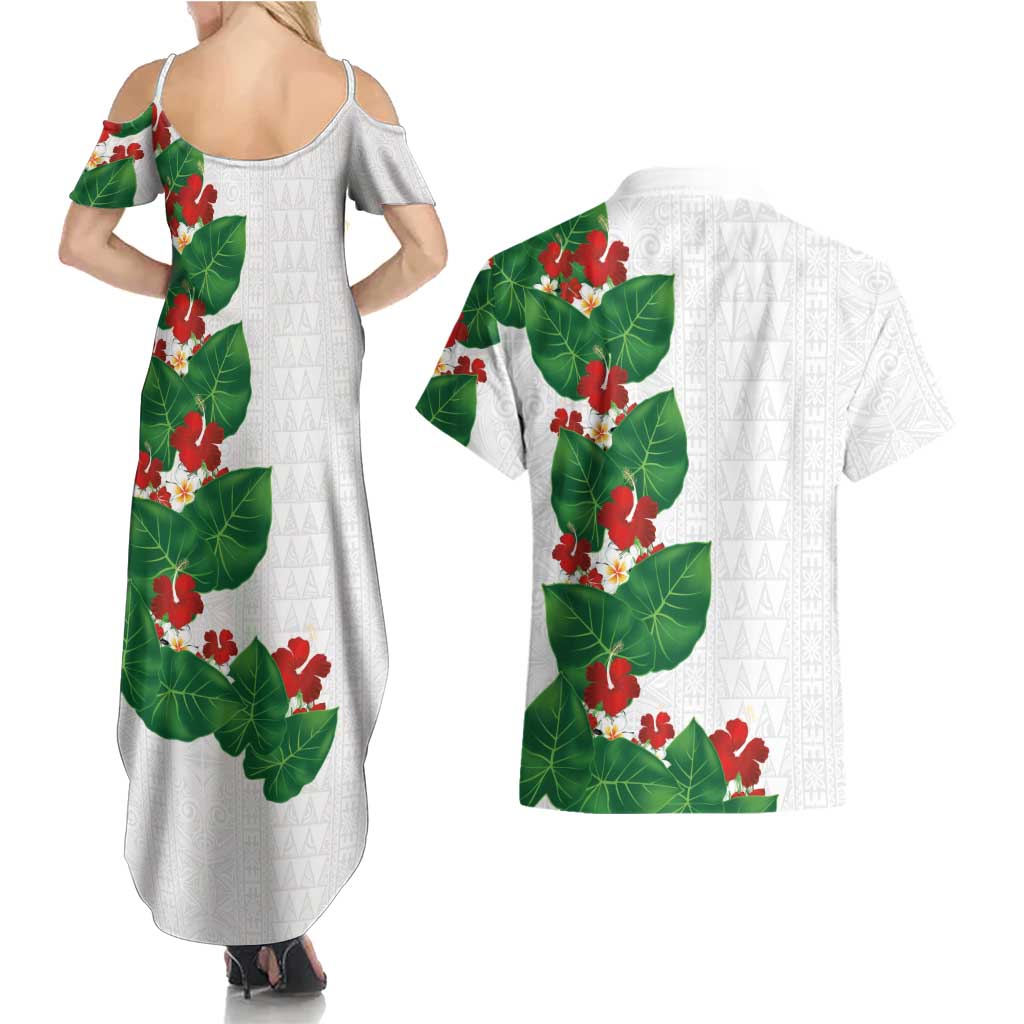 Hawaiian Taro Leaves-Hibiscus and Plumeria Couples Matching Summer Maxi Dress and Hawaiian Shirt Polynesian Art-Kakau Tattoo White