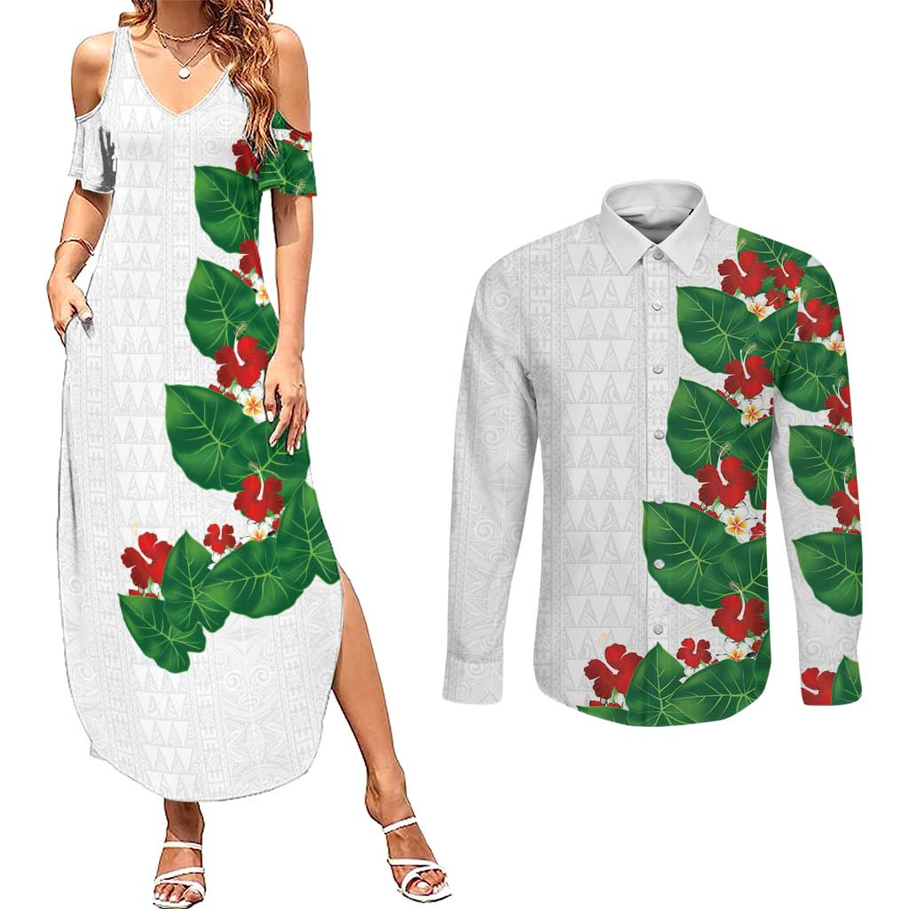 Hawaiian Taro Leaves-Hibiscus and Plumeria Couples Matching Summer Maxi Dress and Long Sleeve Button Shirt Polynesian Art-Kakau Tattoo White