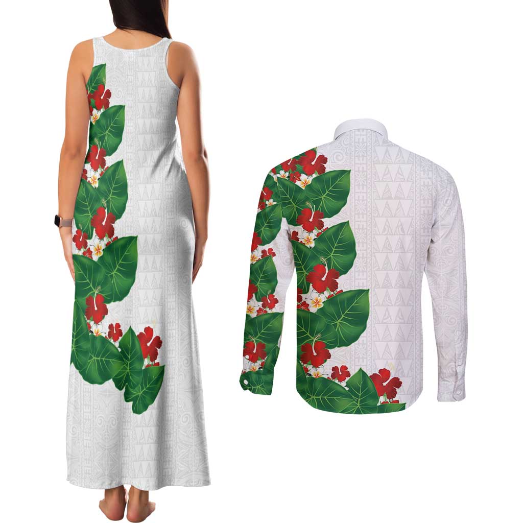 Hawaiian Taro Leaves-Hibiscus and Plumeria Couples Matching Tank Maxi Dress and Long Sleeve Button Shirt Polynesian Art-Kakau Tattoo White