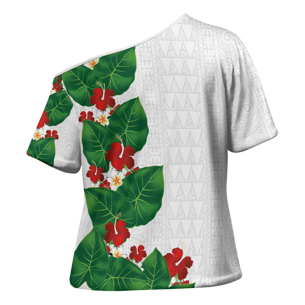 Hawaiian Taro Leaves-Hibiscus and Plumeria Cross Shoulder Shirt Polynesian Art-Kakau Tattoo White