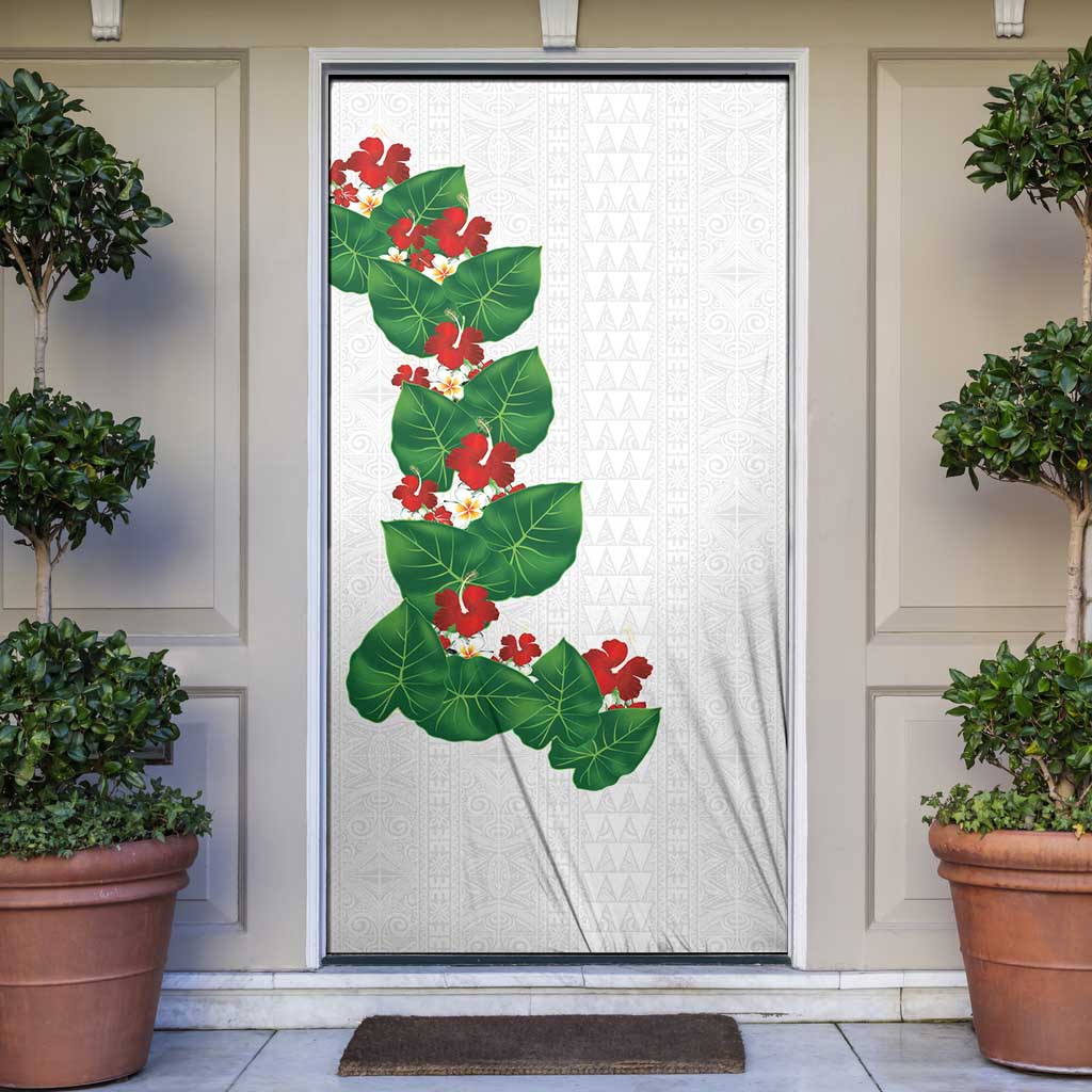 Hawaiian Taro Leaves-Hibiscus and Plumeria Door Cover Polynesian Art-Kakau Tattoo White