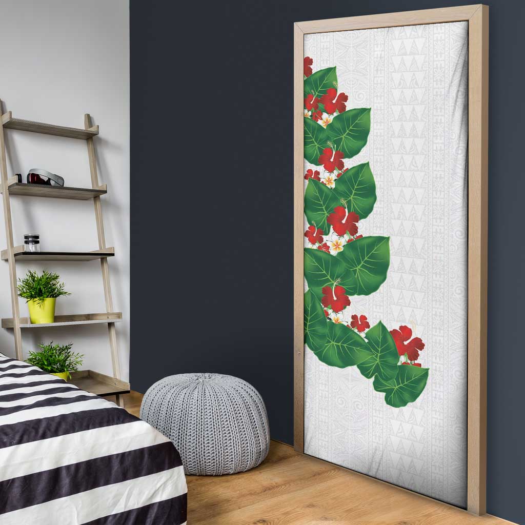 Hawaiian Taro Leaves-Hibiscus and Plumeria Door Cover Polynesian Art-Kakau Tattoo White