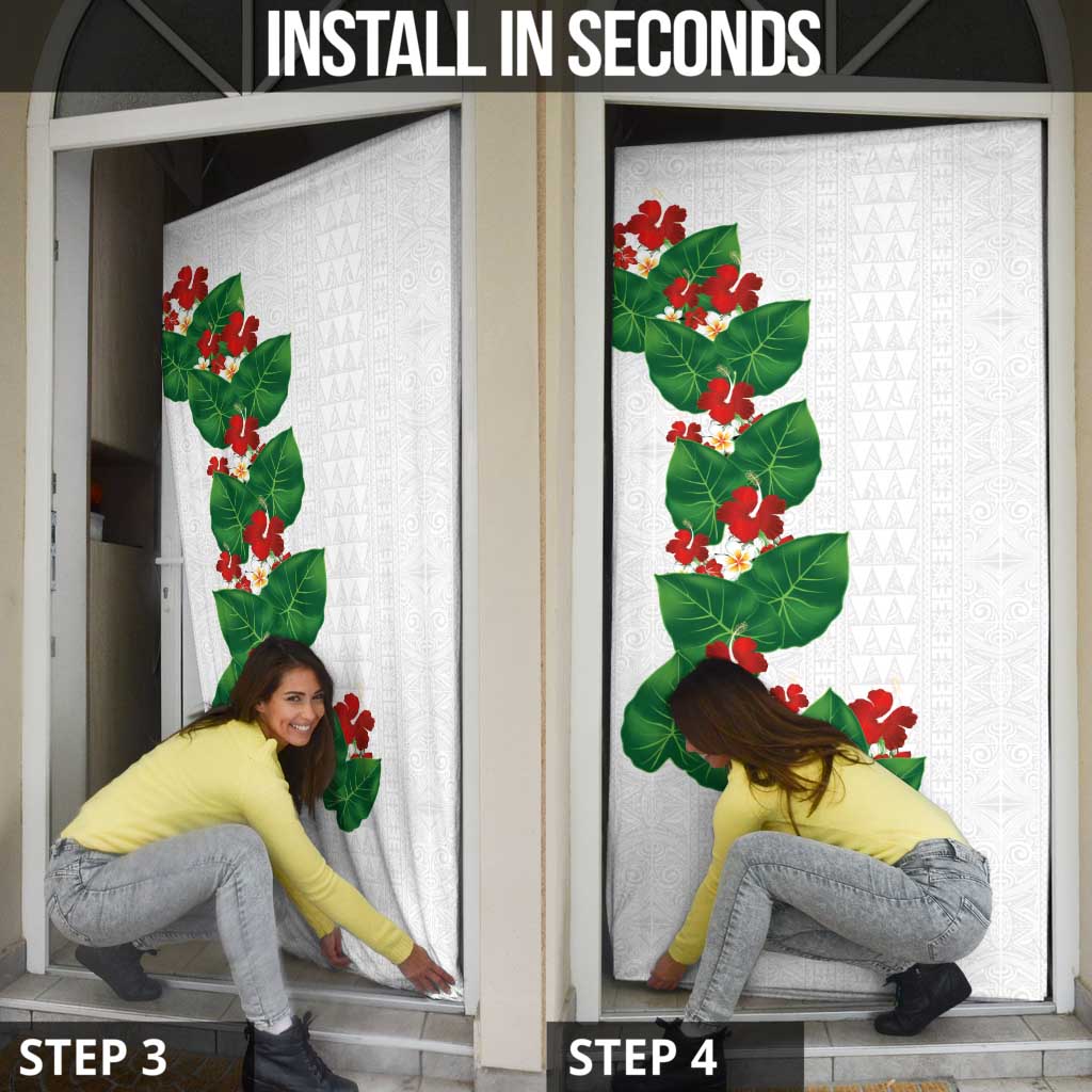 Hawaiian Taro Leaves-Hibiscus and Plumeria Door Cover Polynesian Art-Kakau Tattoo White