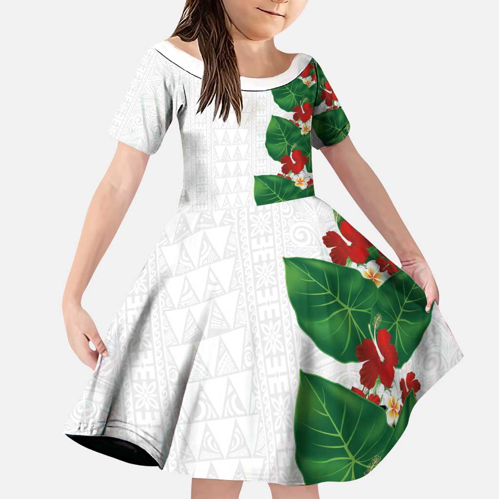 Hawaiian Taro Leaves-Hibiscus and Plumeria Family Matching Long Sleeve Bodycon Dress and Hawaiian Shirt Polynesian Art-Kakau Tattoo White LT03 Daughter's Dress White - Polynesian Pride