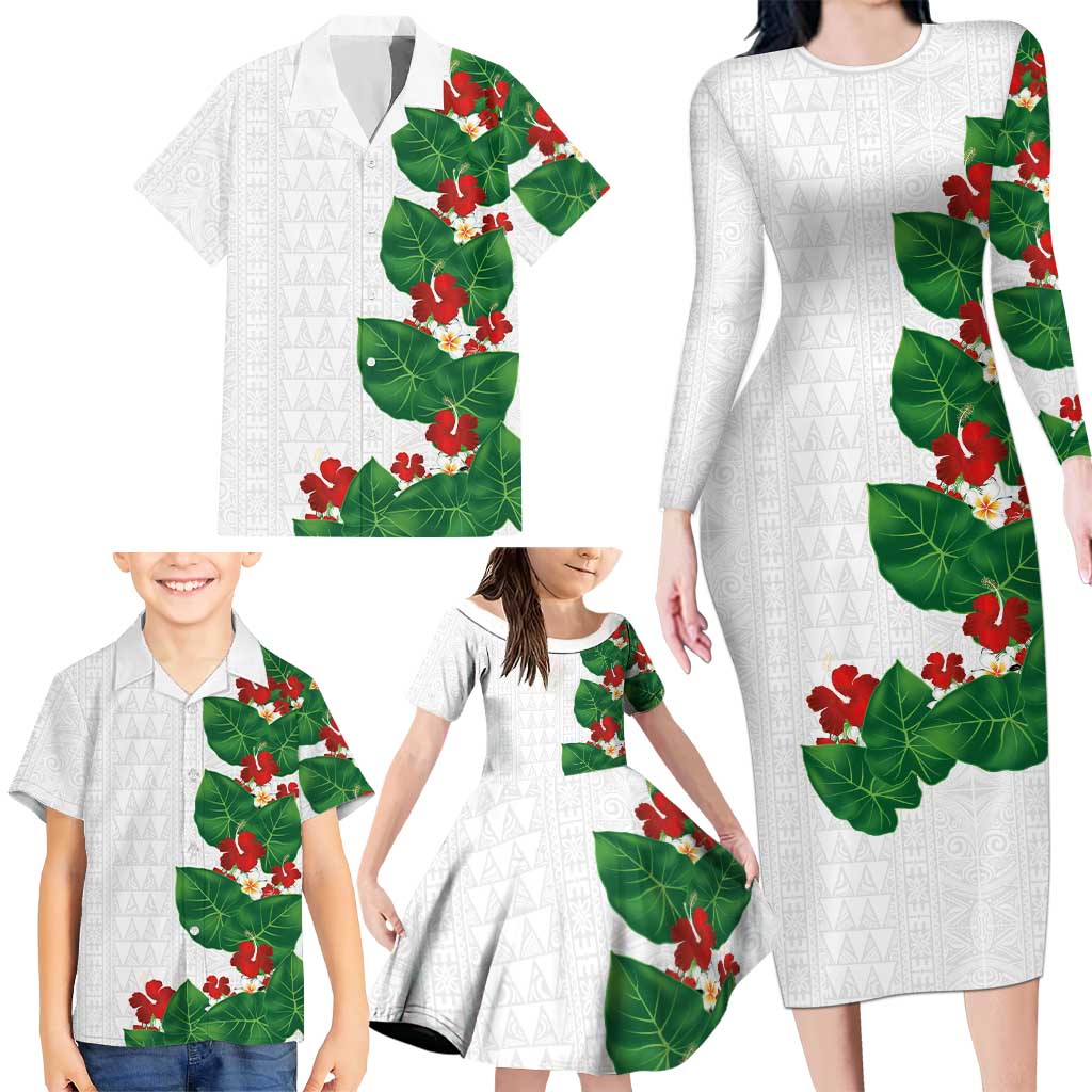 Hawaiian Taro Leaves-Hibiscus and Plumeria Family Matching Long Sleeve Bodycon Dress and Hawaiian Shirt Polynesian Art-Kakau Tattoo White LT03 - Polynesian Pride