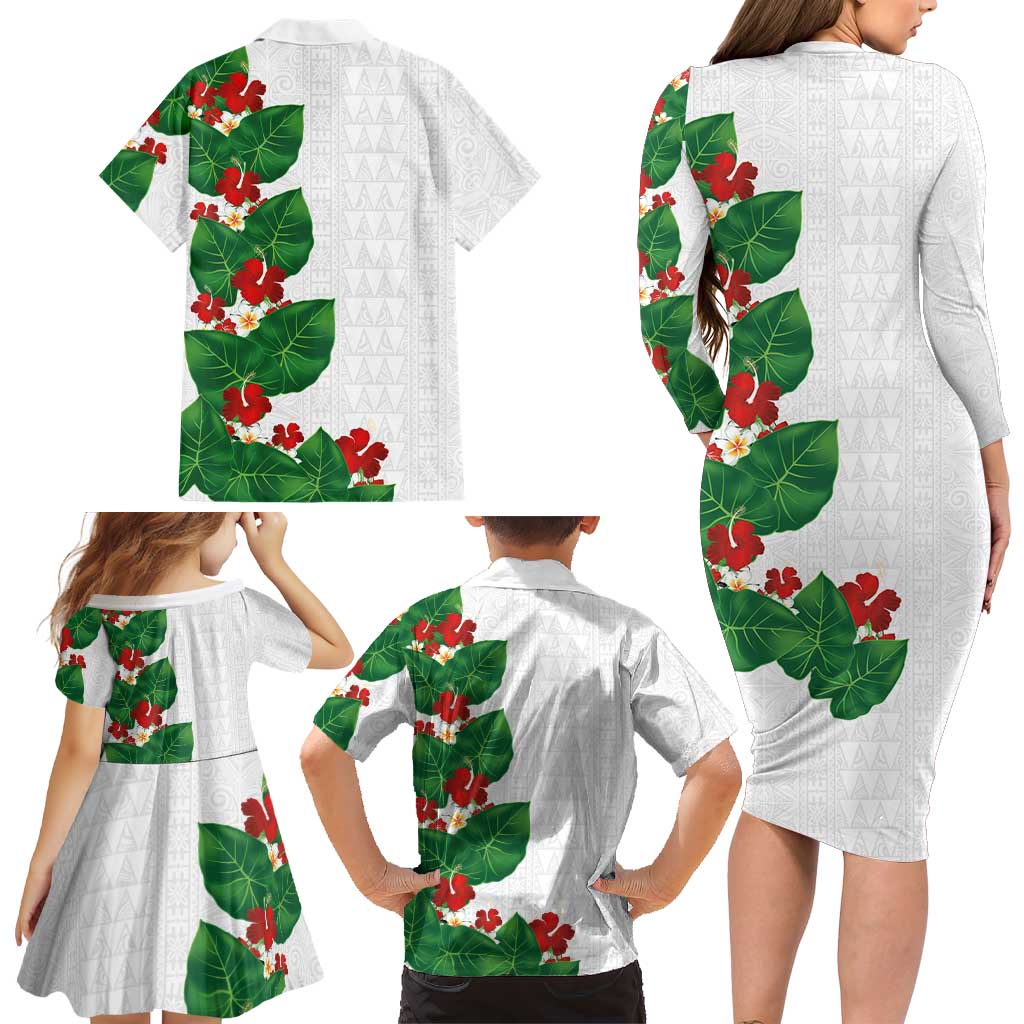 Hawaiian Taro Leaves-Hibiscus and Plumeria Family Matching Long Sleeve Bodycon Dress and Hawaiian Shirt Polynesian Art-Kakau Tattoo White LT03 - Polynesian Pride