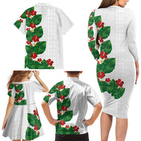 Hawaiian Taro Leaves-Hibiscus and Plumeria Family Matching Long Sleeve Bodycon Dress and Hawaiian Shirt Polynesian Art-Kakau Tattoo White LT03 - Polynesian Pride