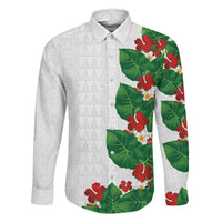 Hawaiian Taro Leaves-Hibiscus and Plumeria Family Matching Long Sleeve Bodycon Dress and Hawaiian Shirt Polynesian Art-Kakau Tattoo White LT03 Dad's Shirt - Long Sleeve White - Polynesian Pride