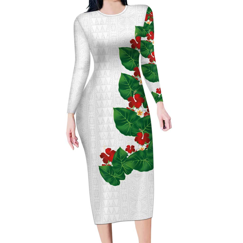 Hawaiian Taro Leaves-Hibiscus and Plumeria Family Matching Long Sleeve Bodycon Dress and Hawaiian Shirt Polynesian Art-Kakau Tattoo White LT03 Mom's Dress White - Polynesian Pride