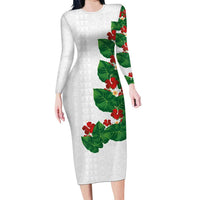 Hawaiian Taro Leaves-Hibiscus and Plumeria Family Matching Long Sleeve Bodycon Dress and Hawaiian Shirt Polynesian Art-Kakau Tattoo White LT03 Mom's Dress White - Polynesian Pride