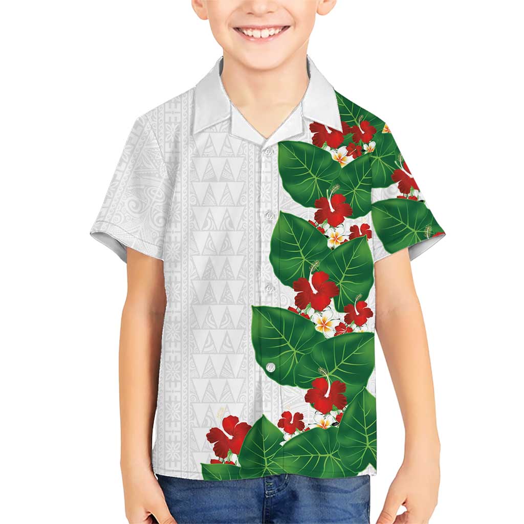 Hawaiian Taro Leaves-Hibiscus and Plumeria Family Matching Long Sleeve Bodycon Dress and Hawaiian Shirt Polynesian Art-Kakau Tattoo White LT03 Son's Shirt White - Polynesian Pride