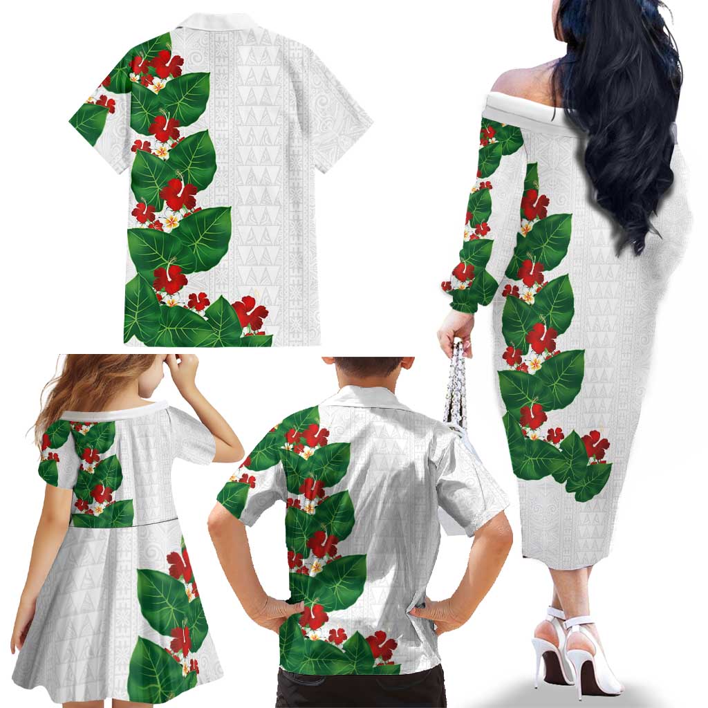 Hawaiian Taro Leaves-Hibiscus and Plumeria Family Matching Off The Shoulder Long Sleeve Dress and Hawaiian Shirt Polynesian Art-Kakau Tattoo White