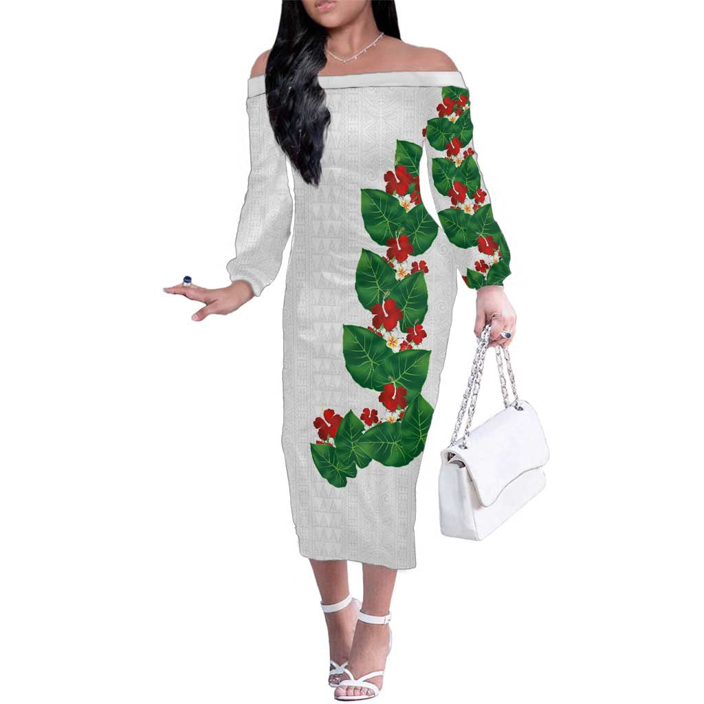 Hawaiian Taro Leaves-Hibiscus and Plumeria Family Matching Off The Shoulder Long Sleeve Dress and Hawaiian Shirt Polynesian Art-Kakau Tattoo White