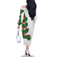 Hawaiian Taro Leaves-Hibiscus and Plumeria Family Matching Off The Shoulder Long Sleeve Dress and Hawaiian Shirt Polynesian Art-Kakau Tattoo White