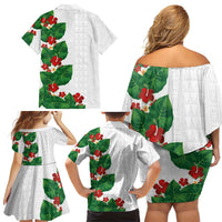 Hawaiian Taro Leaves-Hibiscus and Plumeria Family Matching Off Shoulder Short Dress and Hawaiian Shirt Polynesian Art-Kakau Tattoo White