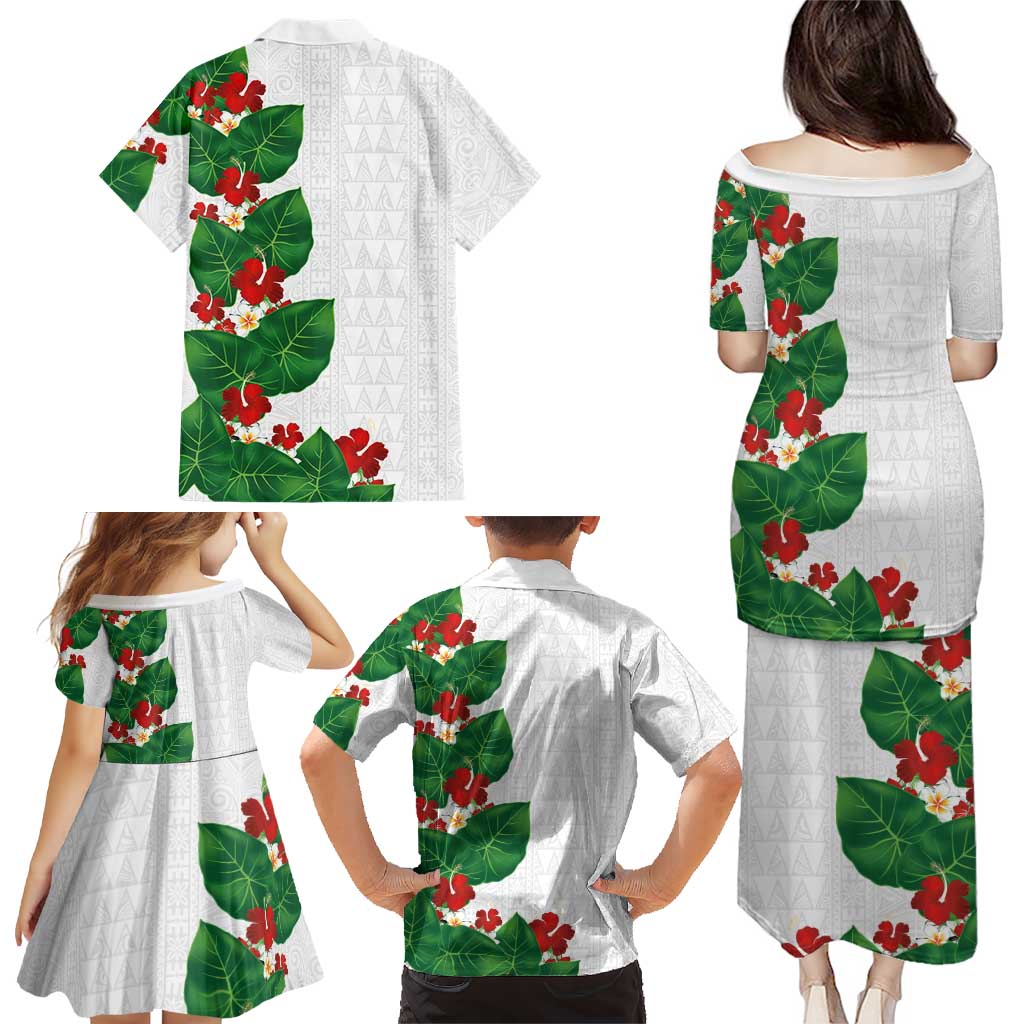 Hawaiian Taro Leaves-Hibiscus and Plumeria Family Matching Puletasi and Hawaiian Shirt Polynesian Art-Kakau Tattoo White