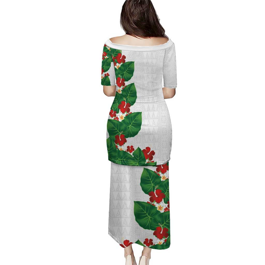Hawaiian Taro Leaves-Hibiscus and Plumeria Family Matching Puletasi and Hawaiian Shirt Polynesian Art-Kakau Tattoo White