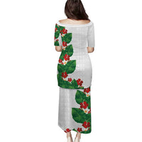 Hawaiian Taro Leaves-Hibiscus and Plumeria Family Matching Puletasi and Hawaiian Shirt Polynesian Art-Kakau Tattoo White