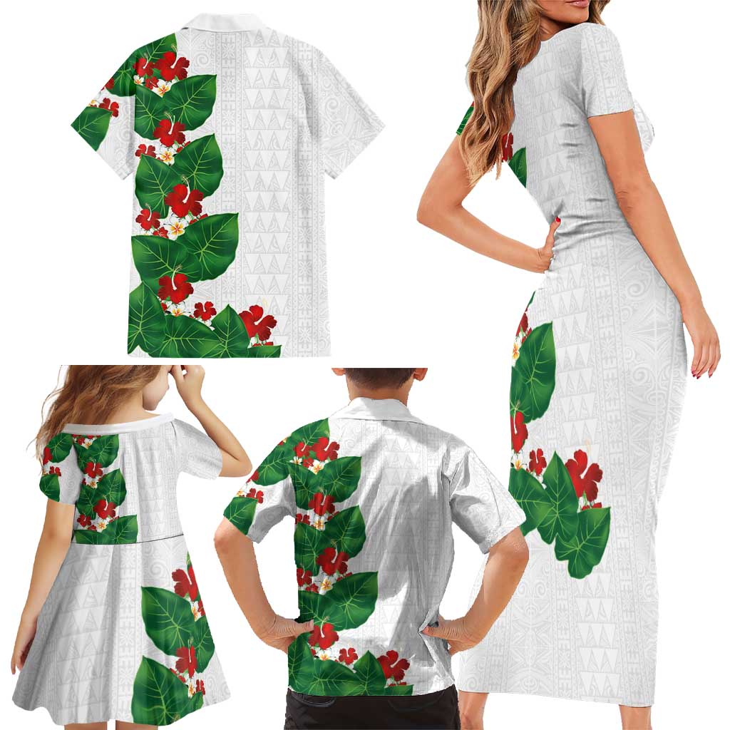 Hawaiian Taro Leaves-Hibiscus and Plumeria Family Matching Short Sleeve Bodycon Dress and Hawaiian Shirt Polynesian Art-Kakau Tattoo White LT03 - Polynesian Pride