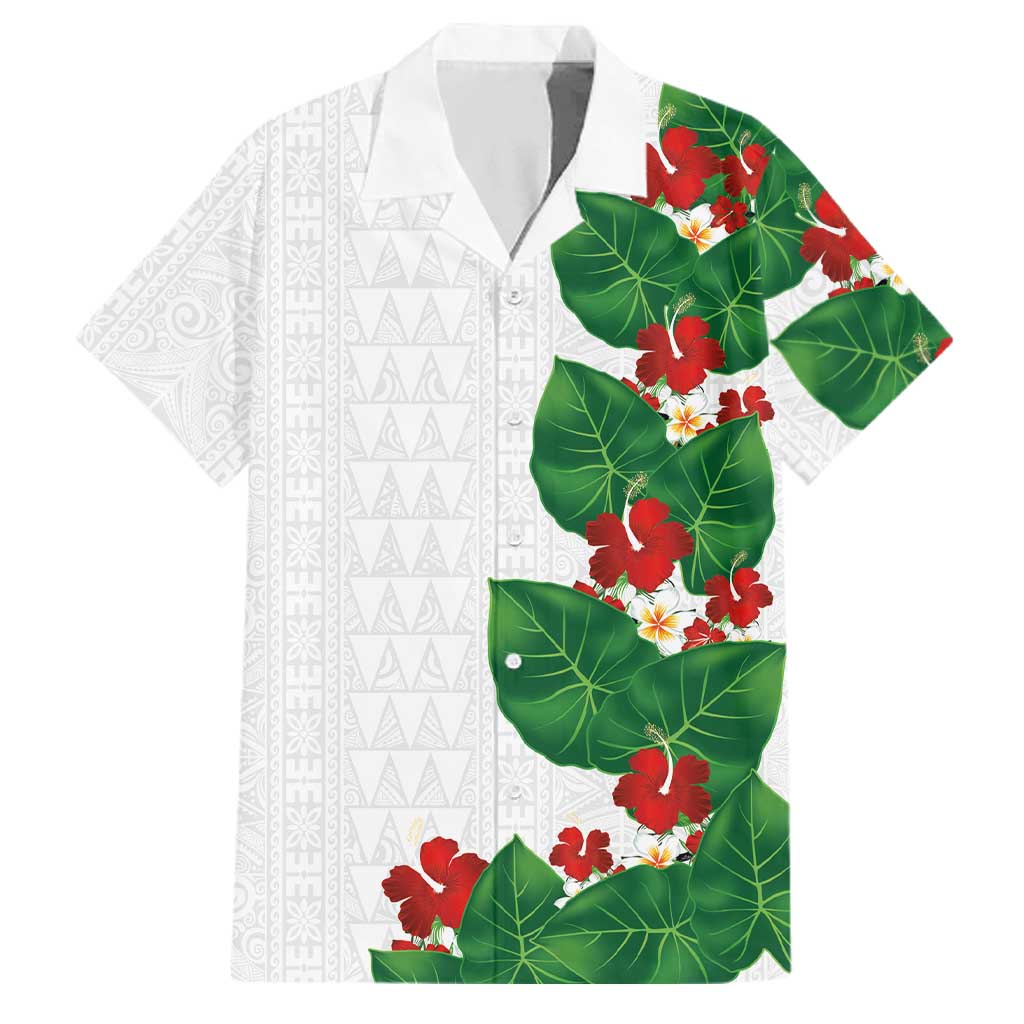 Hawaiian Taro Leaves-Hibiscus and Plumeria Family Matching Short Sleeve Bodycon Dress and Hawaiian Shirt Polynesian Art-Kakau Tattoo White LT03 Dad's Shirt - Short Sleeve White - Polynesian Pride