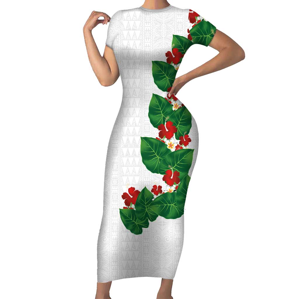 Hawaiian Taro Leaves-Hibiscus and Plumeria Family Matching Short Sleeve Bodycon Dress and Hawaiian Shirt Polynesian Art-Kakau Tattoo White LT03 Mom's Dress White - Polynesian Pride