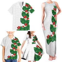 Hawaiian Taro Leaves-Hibiscus and Plumeria Family Matching Tank Maxi Dress and Hawaiian Shirt Polynesian Art-Kakau Tattoo White