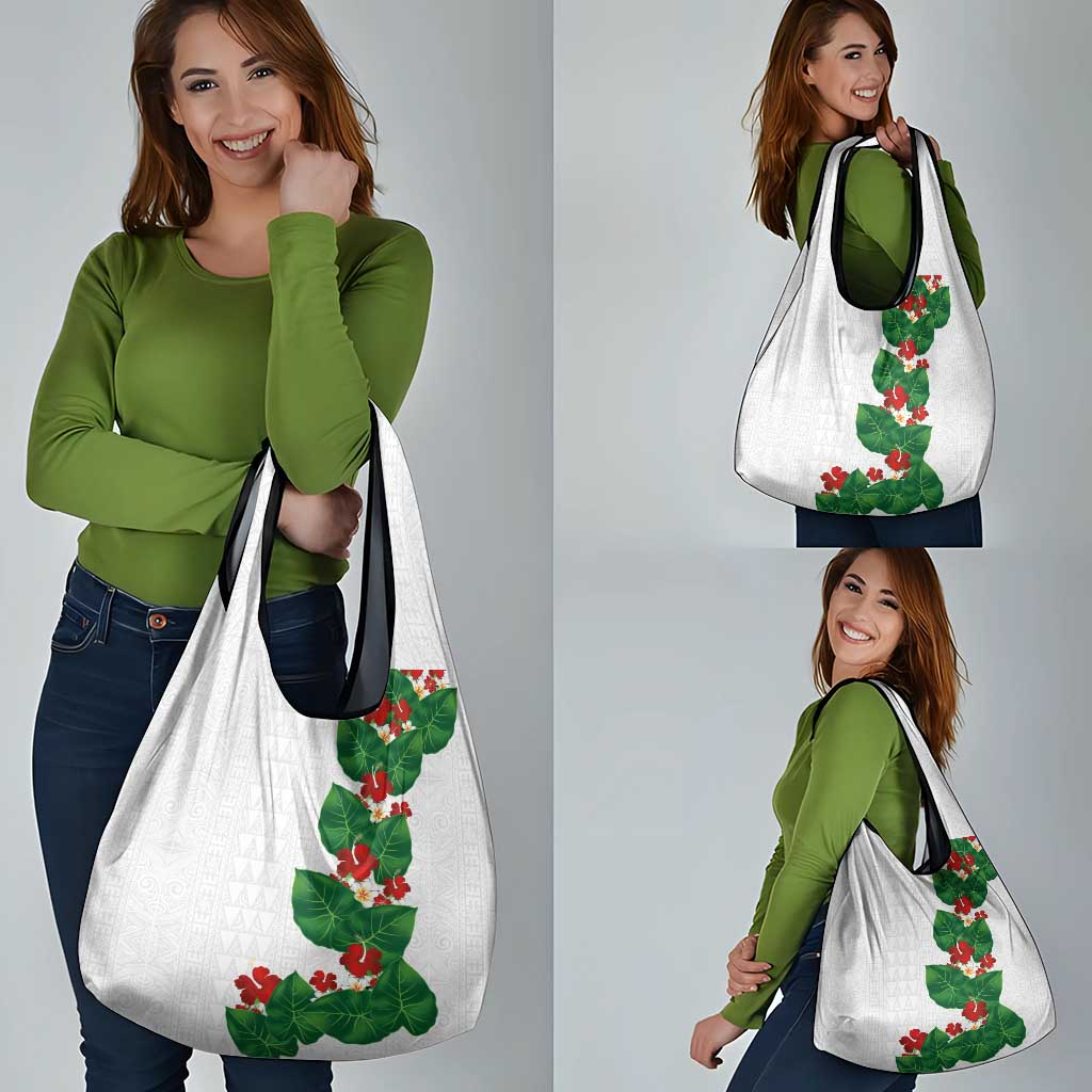 Hawaiian Taro Leaves-Hibiscus and Plumeria Grocery Bag Polynesian Art-Kakau Tattoo White