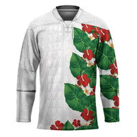 Hawaiian Taro Leaves-Hibiscus and Plumeria Hockey Jersey Polynesian Art-Kakau Tattoo White