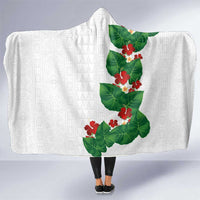 Hawaiian Taro Leaves-Hibiscus and Plumeria Hooded Blanket Polynesian Art-Kakau Tattoo White