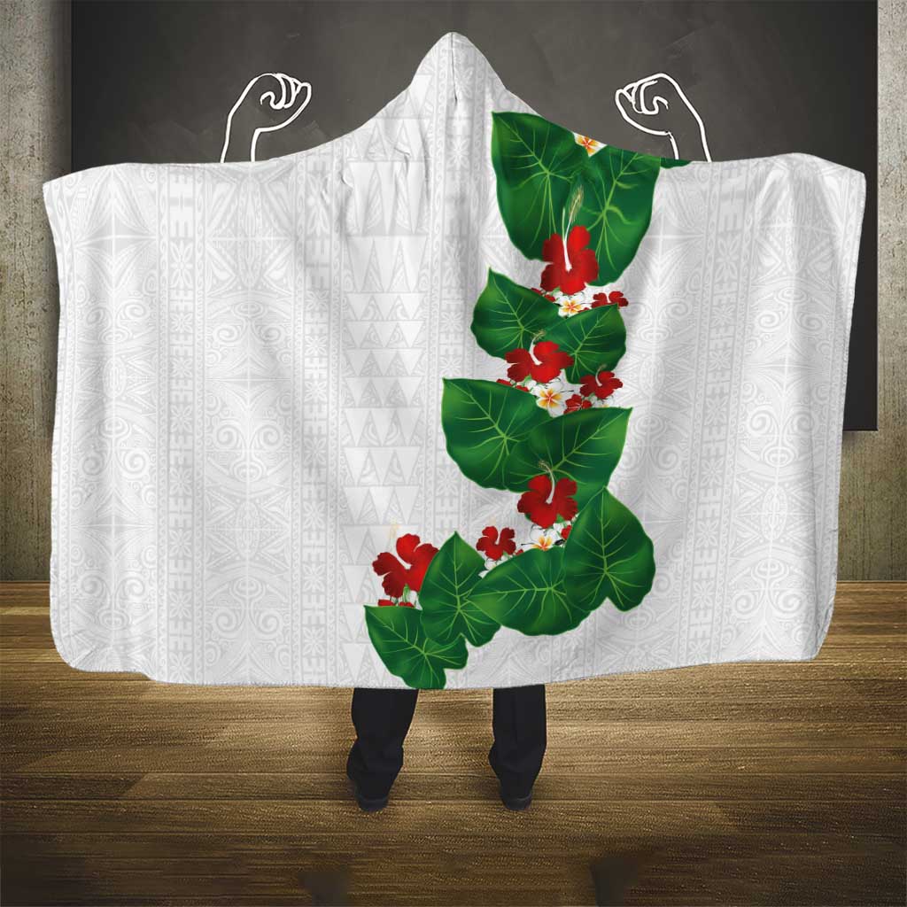 Hawaiian Taro Leaves-Hibiscus and Plumeria Hooded Blanket Polynesian Art-Kakau Tattoo White