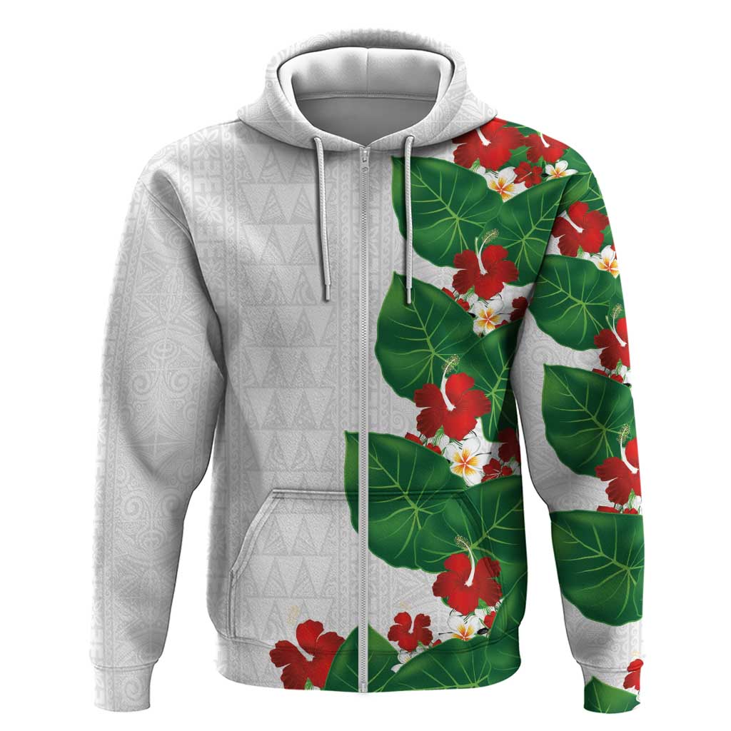 Hawaiian Taro Leaves-Hibiscus and Plumeria Hoodie Polynesian Art-Kakau Tattoo White