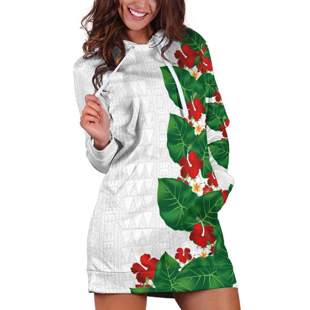 Hawaiian Taro Leaves-Hibiscus and Plumeria Hoodie Dress Polynesian Art-Kakau Tattoo White