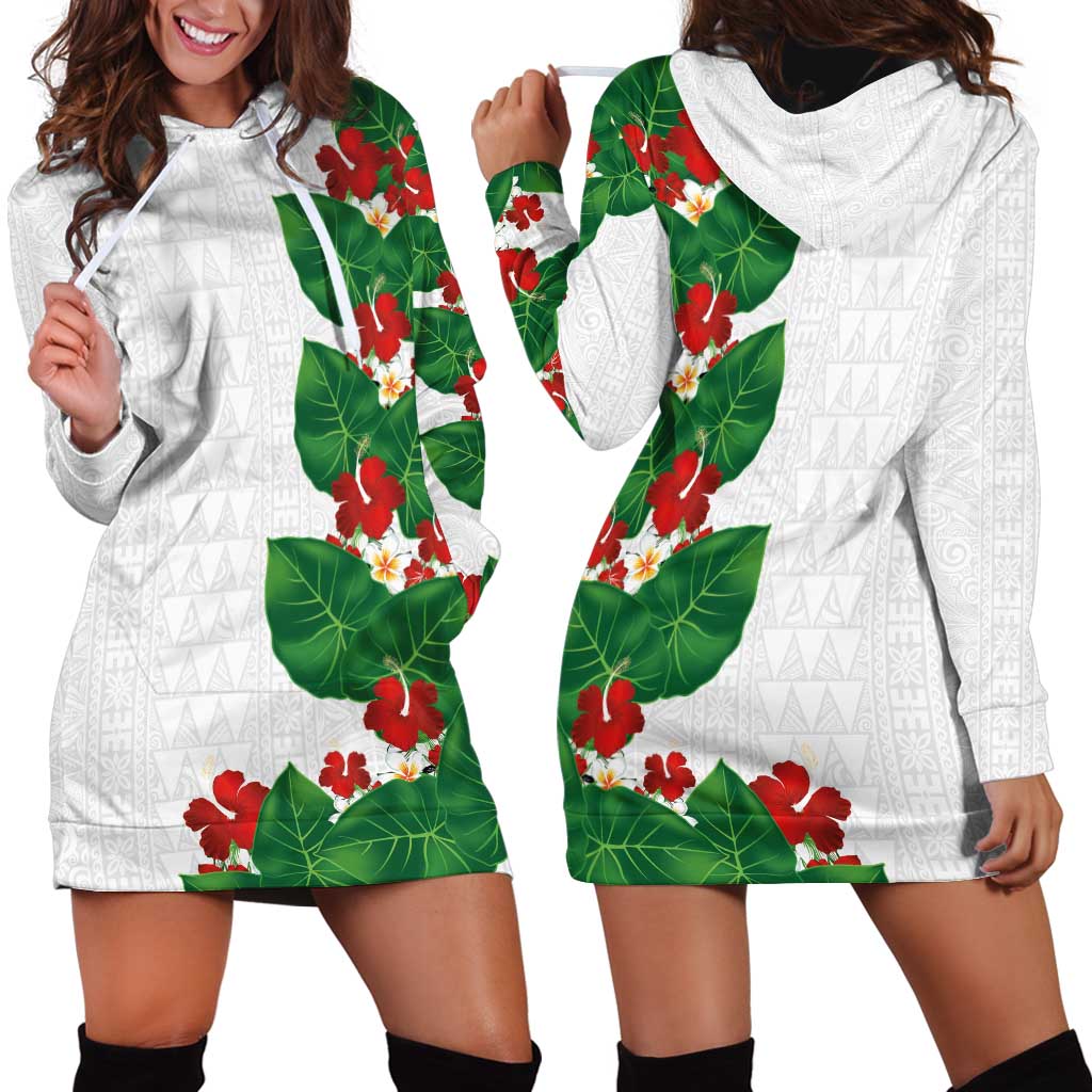 Hawaiian Taro Leaves-Hibiscus and Plumeria Hoodie Dress Polynesian Art-Kakau Tattoo White