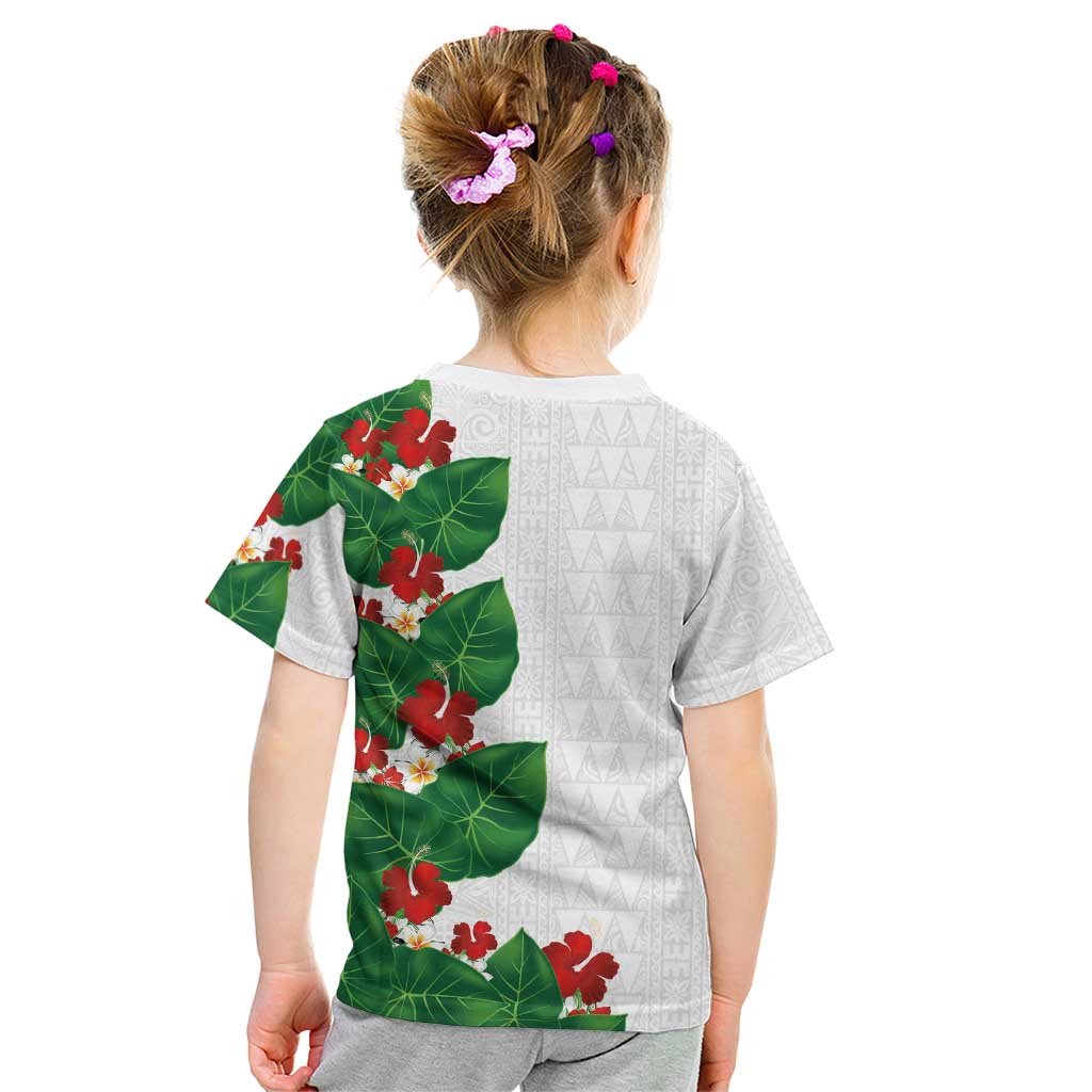 Hawaiian Taro Leaves-Hibiscus and Plumeria Kid T Shirt Polynesian Art-Kakau Tattoo White