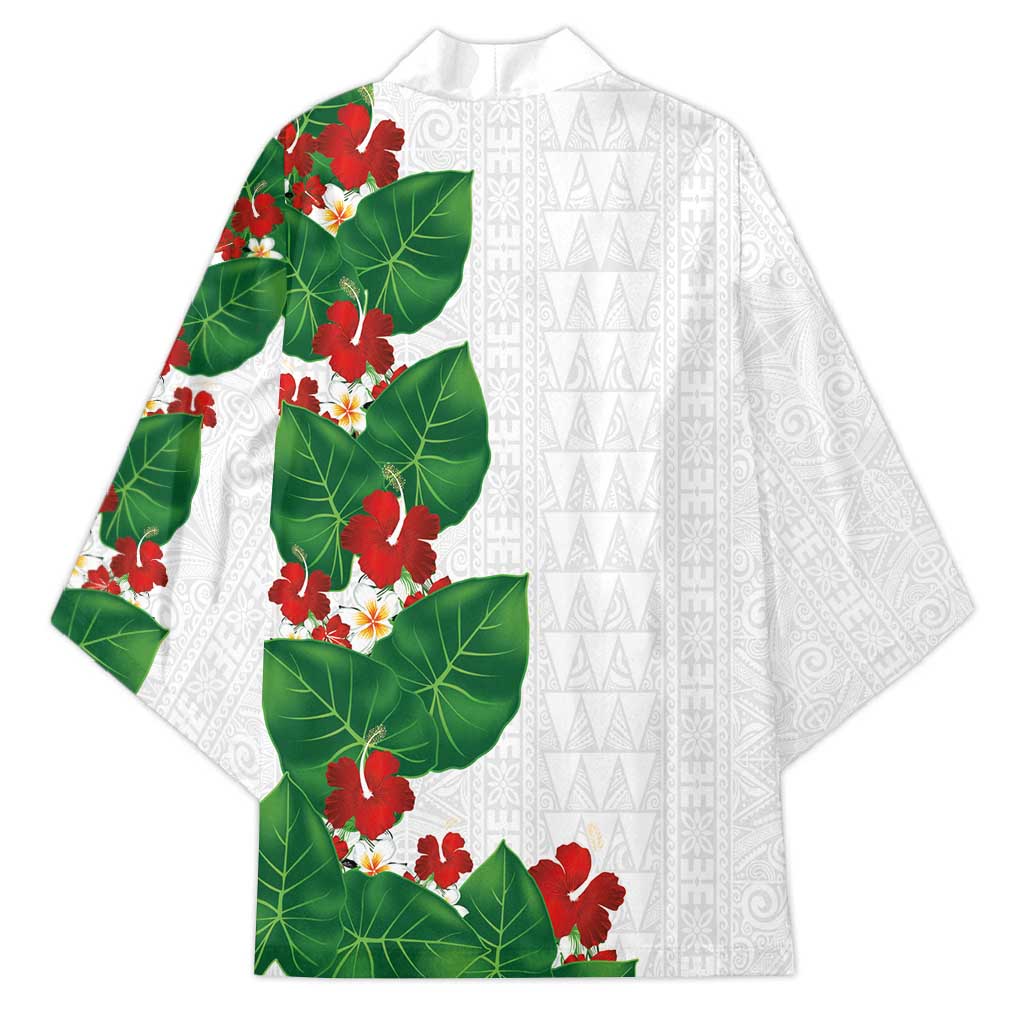 Hawaiian Taro Leaves-Hibiscus and Plumeria Kimono Polynesian Art-Kakau Tattoo White