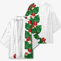 Hawaiian Taro Leaves-Hibiscus and Plumeria Kimono Polynesian Art-Kakau Tattoo White