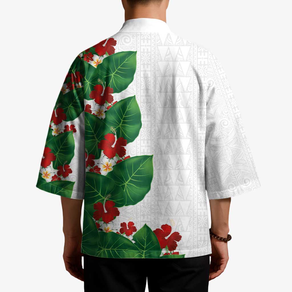 Hawaiian Taro Leaves-Hibiscus and Plumeria Kimono Polynesian Art-Kakau Tattoo White