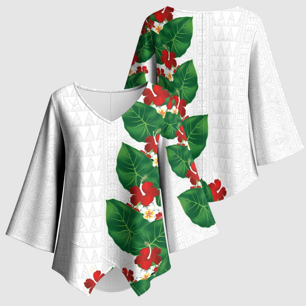 Hawaiian Taro Leaves-Hibiscus and Plumeria Kimono Sleeve Blouse Polynesian Art-Kakau Tattoo White