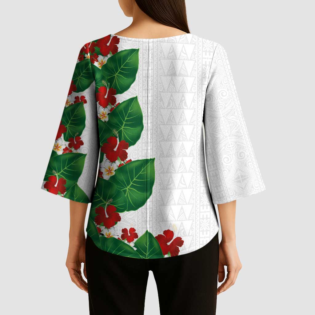 Hawaiian Taro Leaves-Hibiscus and Plumeria Kimono Sleeve Blouse Polynesian Art-Kakau Tattoo White