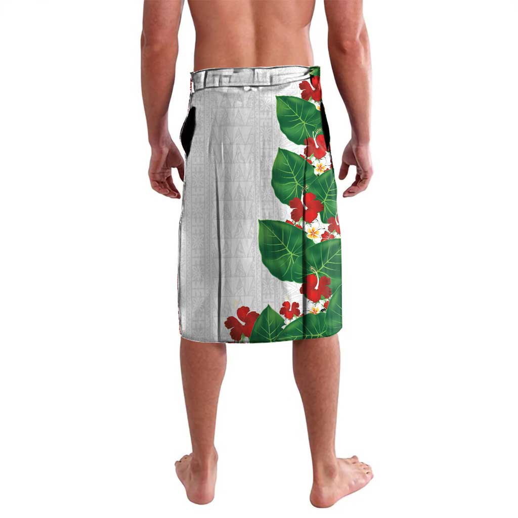 Hawaiian Taro Leaves-Hibiscus and Plumeria Lavalava Polynesian Art-Kakau Tattoo White
