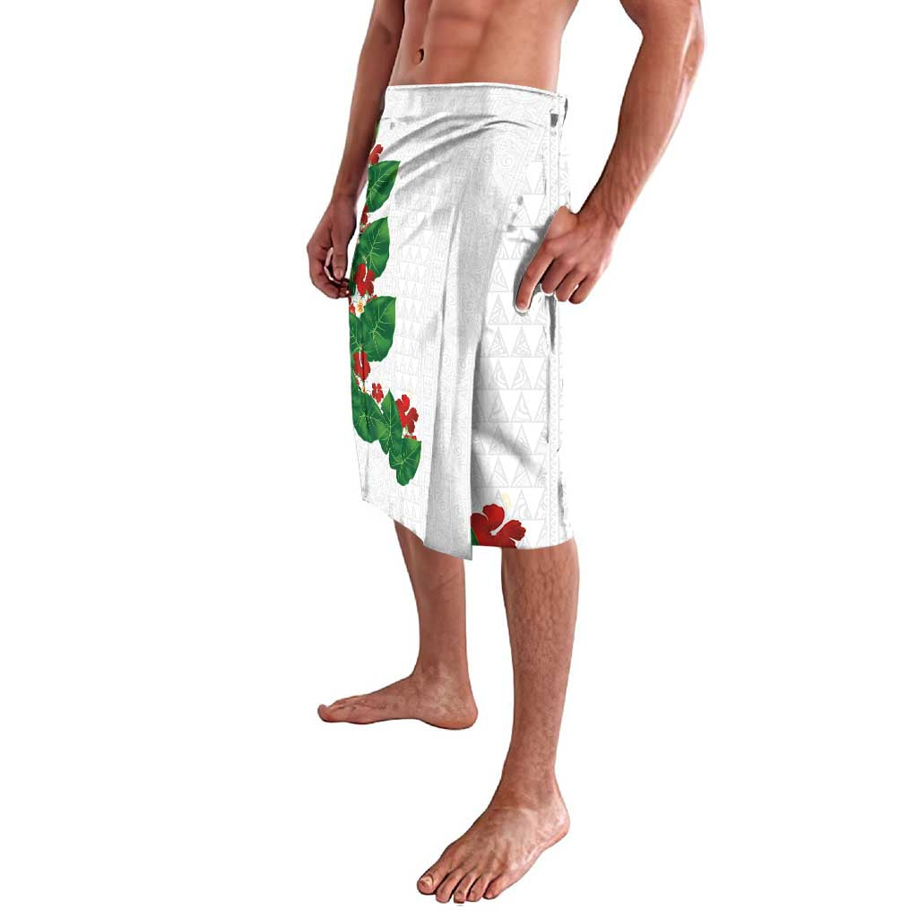 Hawaiian Taro Leaves-Hibiscus and Plumeria Lavalava Polynesian Art-Kakau Tattoo White