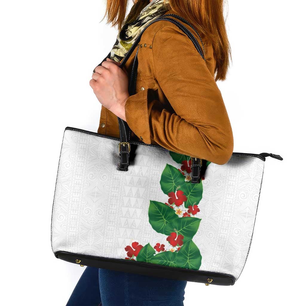 Hawaiian Taro Leaves-Hibiscus and Plumeria Leather Tote Bag Polynesian Art-Kakau Tattoo White
