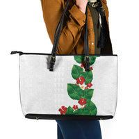 Hawaiian Taro Leaves-Hibiscus and Plumeria Leather Tote Bag Polynesian Art-Kakau Tattoo White