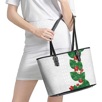 Hawaiian Taro Leaves-Hibiscus and Plumeria Leather Tote Bag Polynesian Art-Kakau Tattoo White