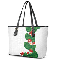 Hawaiian Taro Leaves-Hibiscus and Plumeria Leather Tote Bag Polynesian Art-Kakau Tattoo White